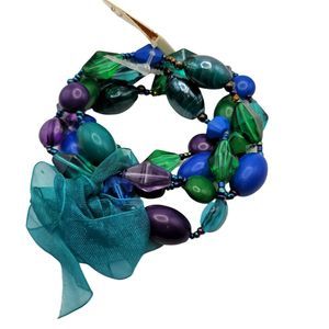 Esmor Aqua Blue Purple Green Bead Peacock Multi Strand Stretch Bracelet NWT Boho